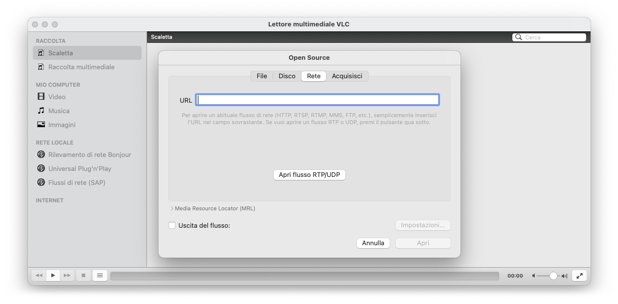 VLC media player - Rete, Apri flusso RTP/UDP